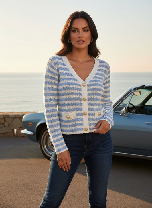 Colorblock Striped Single-Breasted Knit Cardigan