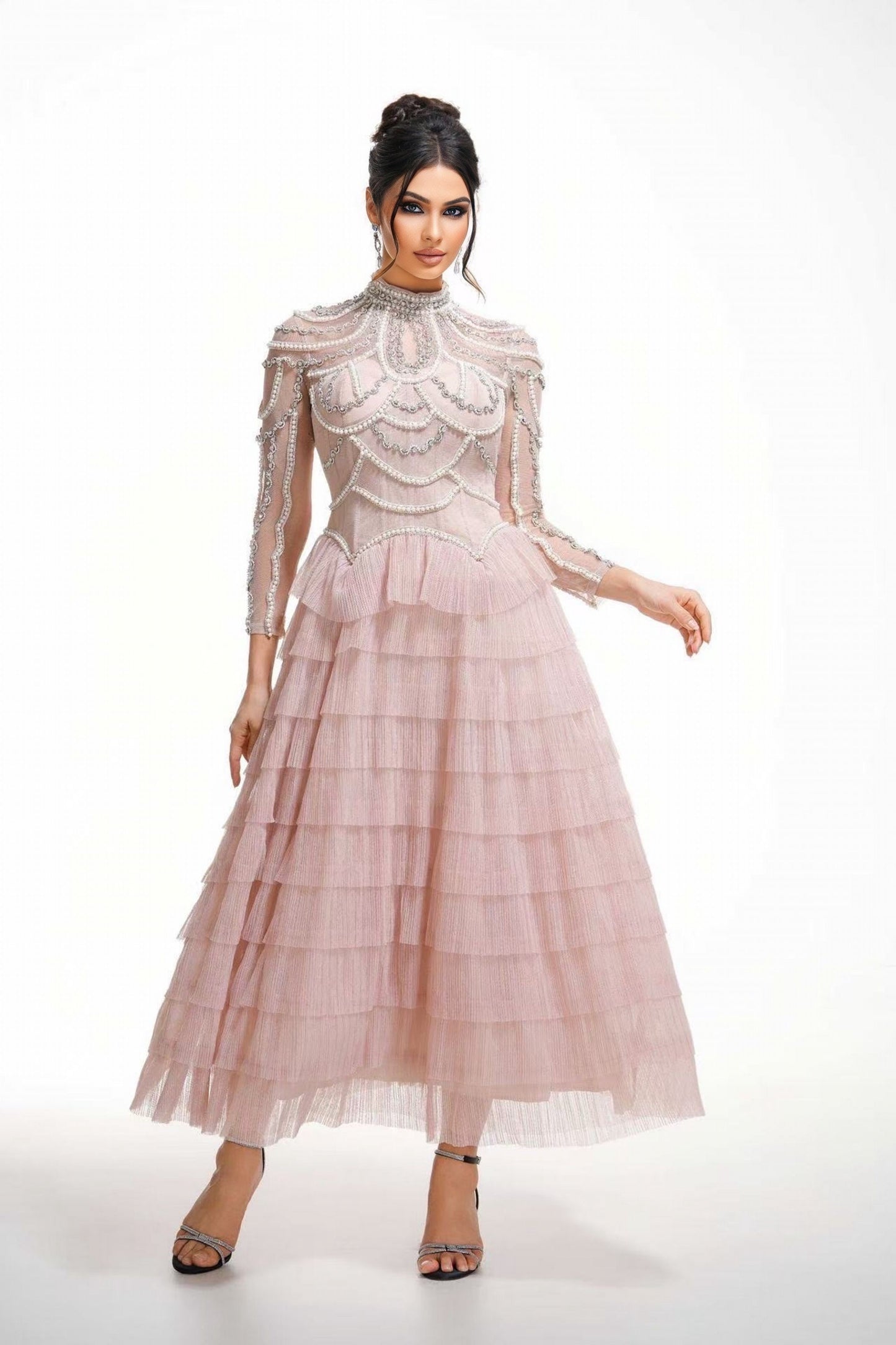 Blush Embellished Tiered Tulle Evening Dress