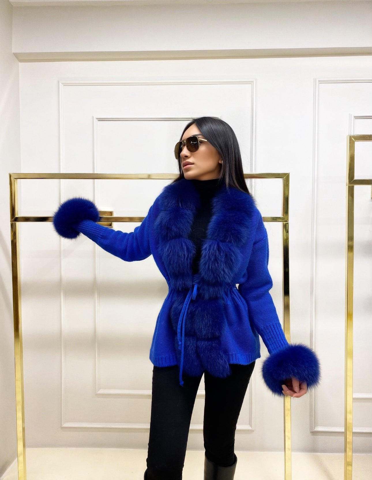 FOX FUR CASHMERE/KNIT SHORT CARDIGAN IN ROYAL BLUE