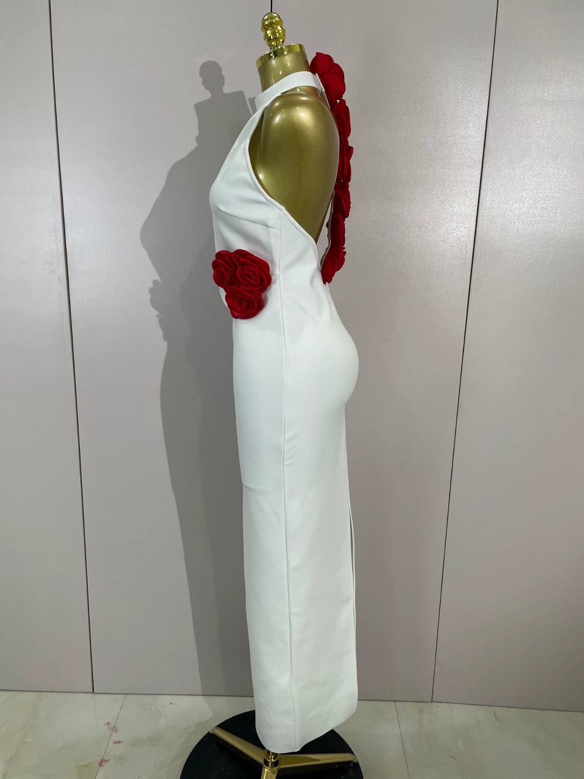 White Rose Detail Halter Midi Dress