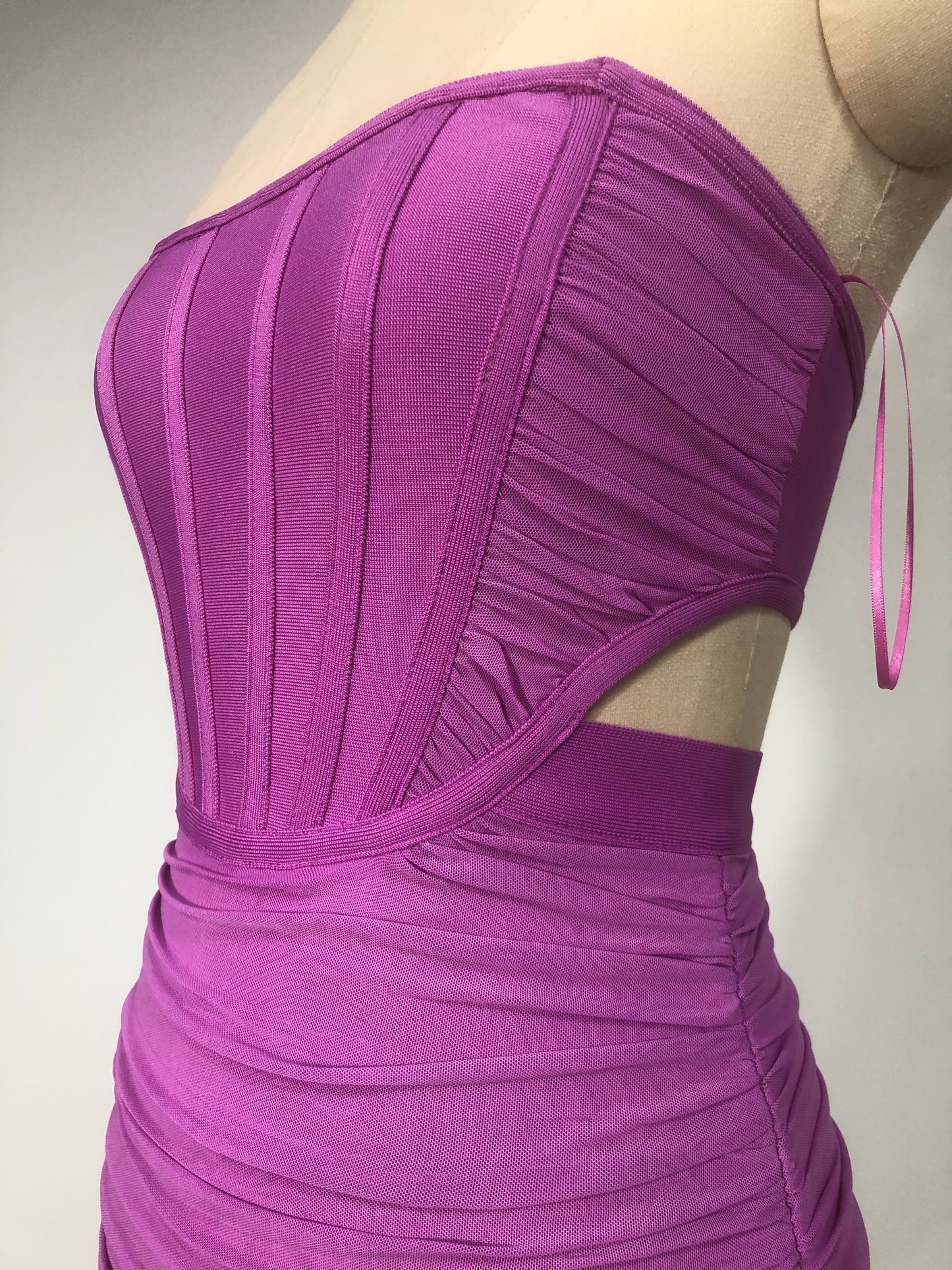 Strapless Ruched Cutout Bandage Midi Dress with Ruffle Hem