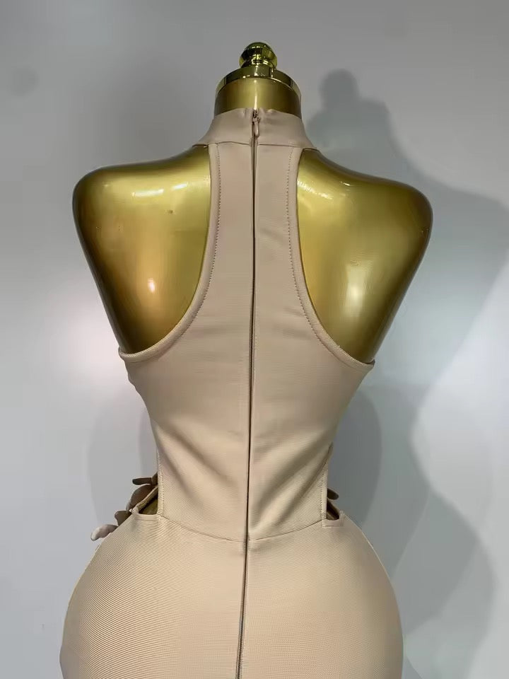 Floral Appliqué Halter Bandage Midi Dress