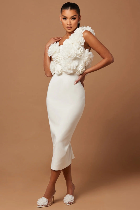 One Shoulder White Midi Dress