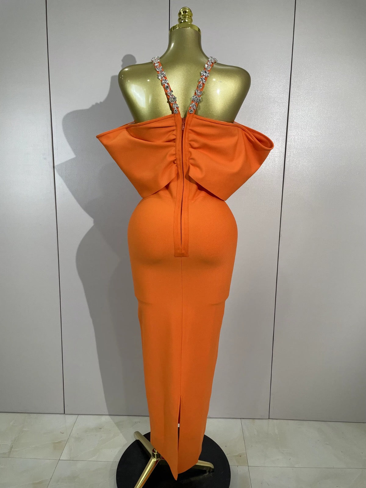 Orange Crystal Bow Off Shoulder Bandage Midi Dress