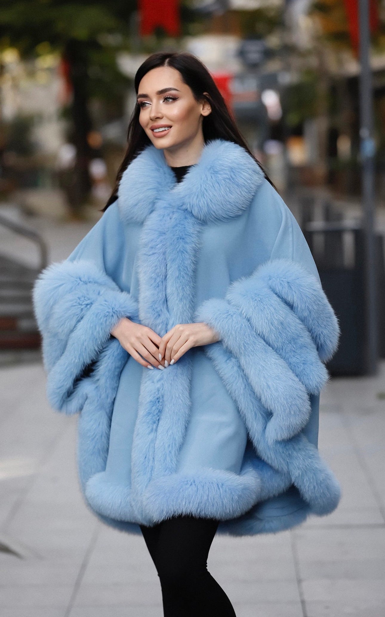 FOX FUR CASHMERE PONCHO IN SKY BLUE