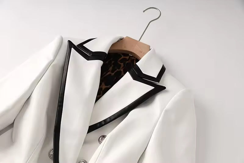 White Tailored Leather-Trim Blazer Jacket for Women