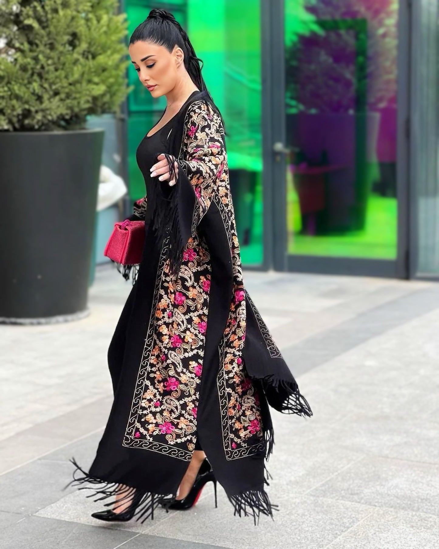 Embroidered Wool Abaya in Black