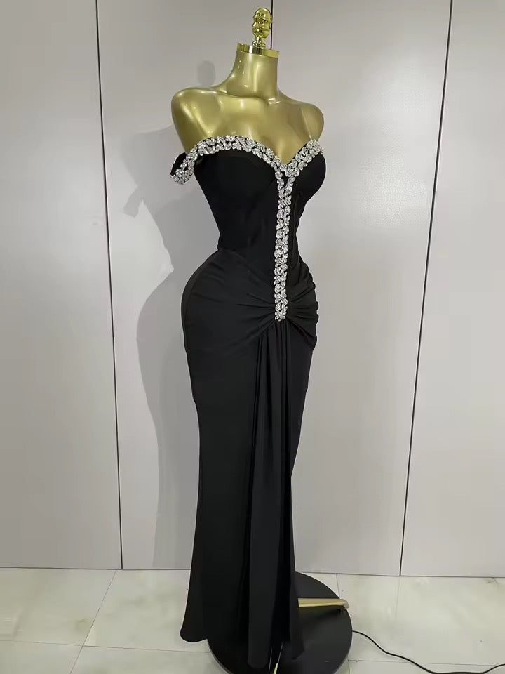 Crystal Embellished Off-Shoulder Maxi Dress – Black