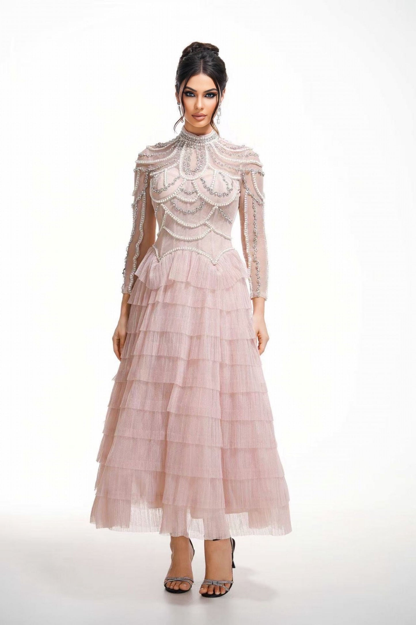 Blush Embellished Tiered Tulle Evening Dress