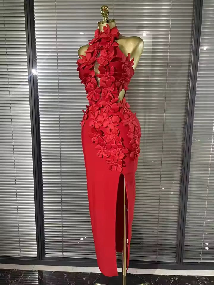 Red Floral Appliqué Midi Dress
