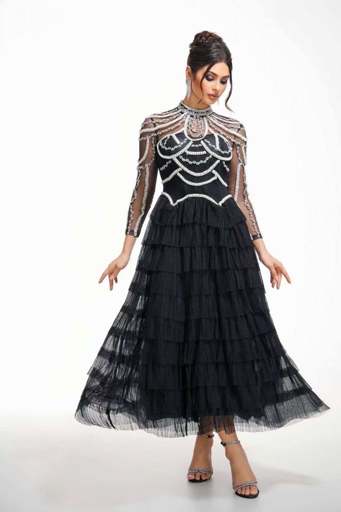 Black Embellished Tiered Tulle Evening Dress