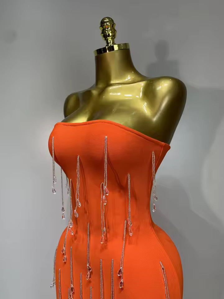 Orange Crystal Fringe Bandage Midi Dress