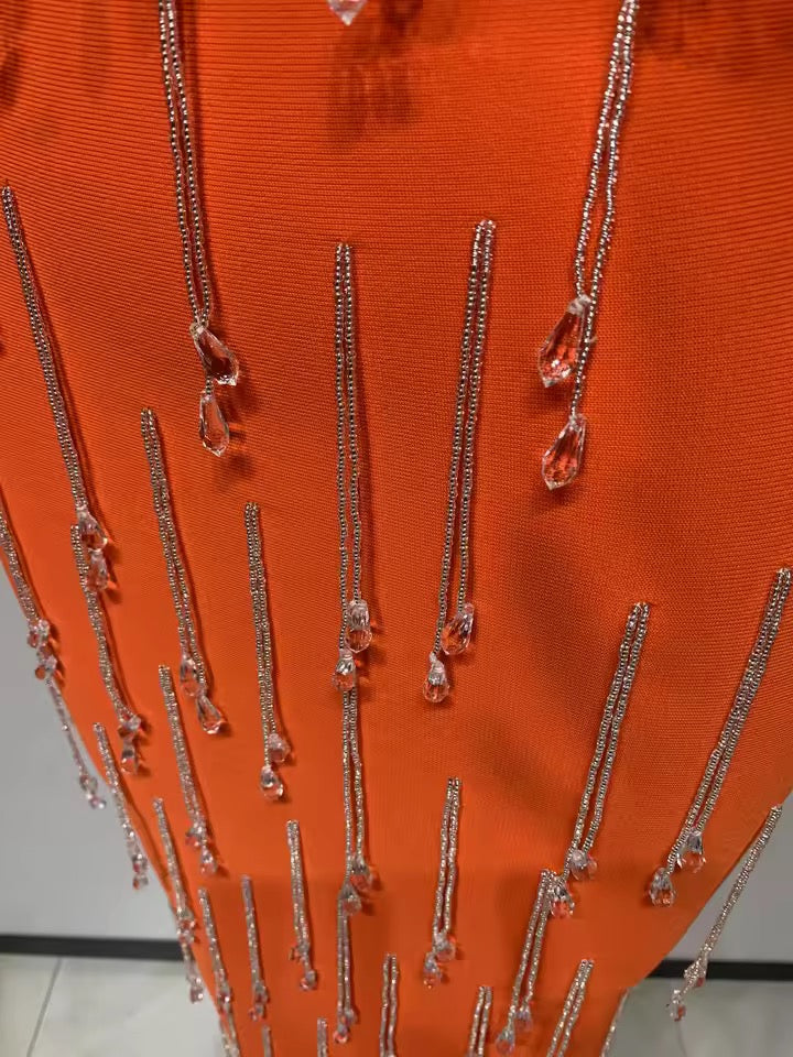 Orange Crystal Fringe Bandage Midi Dress