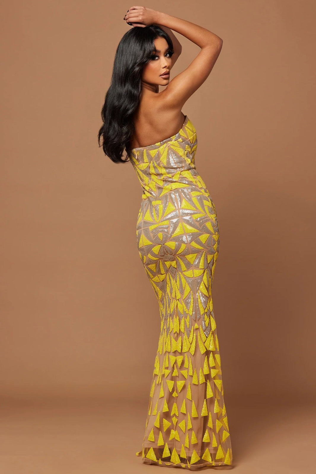 Long Sequin Yellow/Beige Maxi Dress