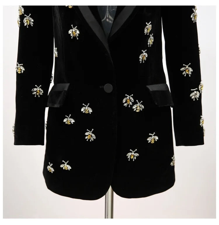 CRYSTAL EMBELLISHED BLACK VELVET BLAZER