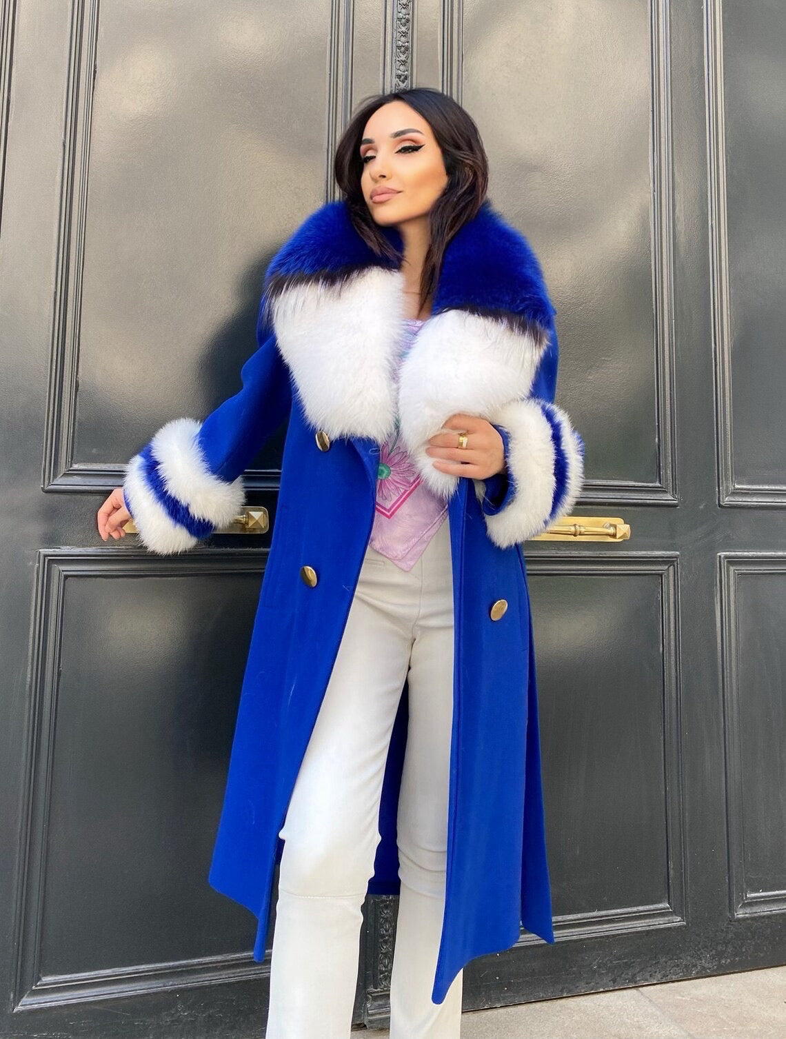 FOX FUR CASHMERE COAT IN ROYAL BLUE