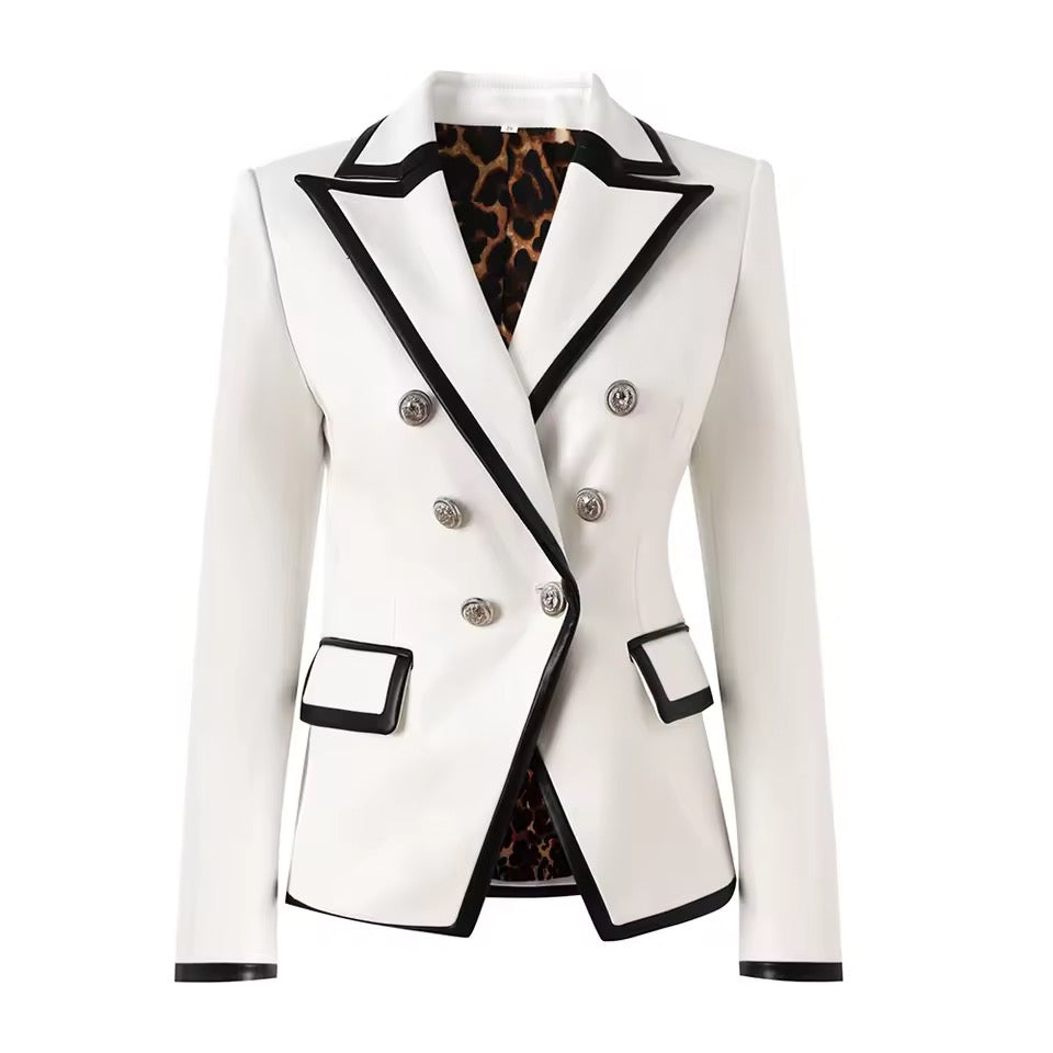 White Tailored Leather-Trim Blazer Jacket for Women