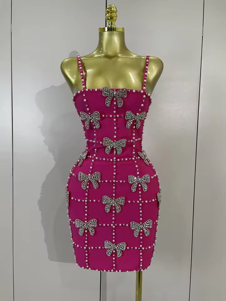 Hot Pink Pearl & Crystal Bow Mini Dress