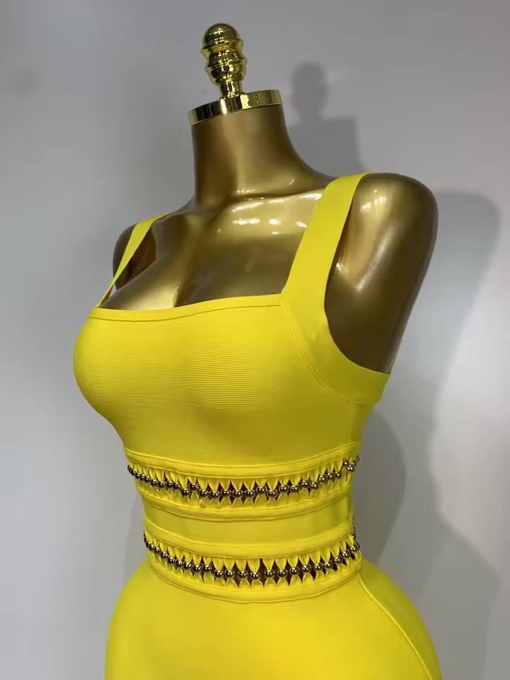 Yellow Fringe Bandage Maxi Dress