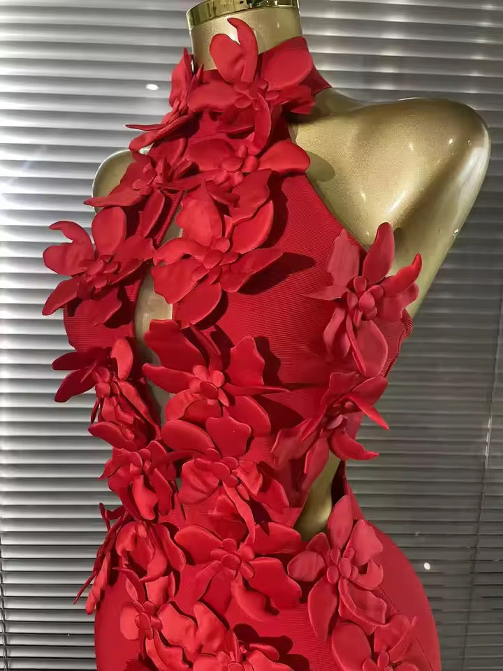 Red Floral Appliqué Midi Dress