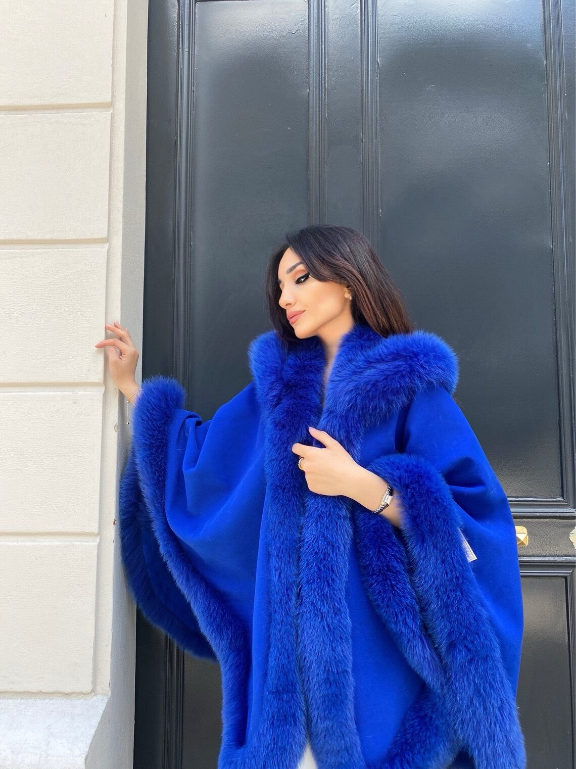 FOX FUR CASHMERE PONCHO IN ROYAL BLUE