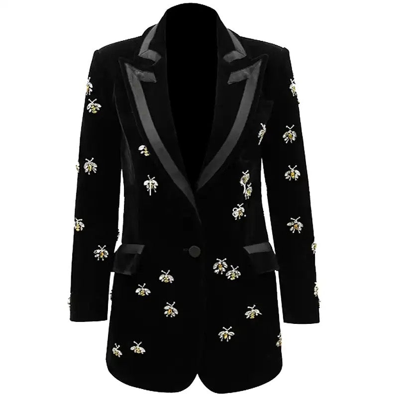 CRYSTAL EMBELLISHED BLACK VELVET BLAZER