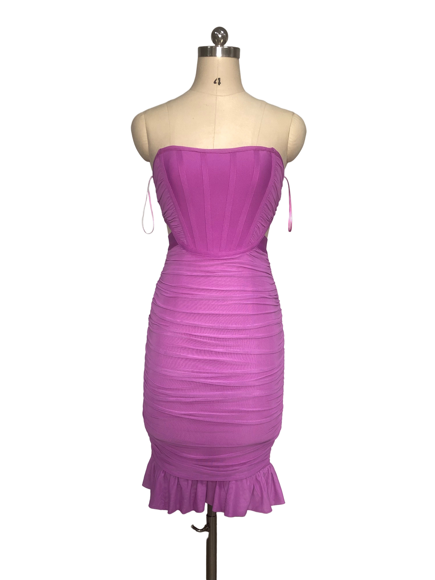 Strapless Ruched Cutout Bandage Midi Dress with Ruffle Hem