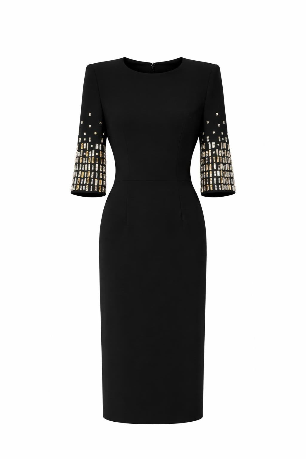 Rhinestone Beaded O-Neck Half Sleeve Knit Midi Dress