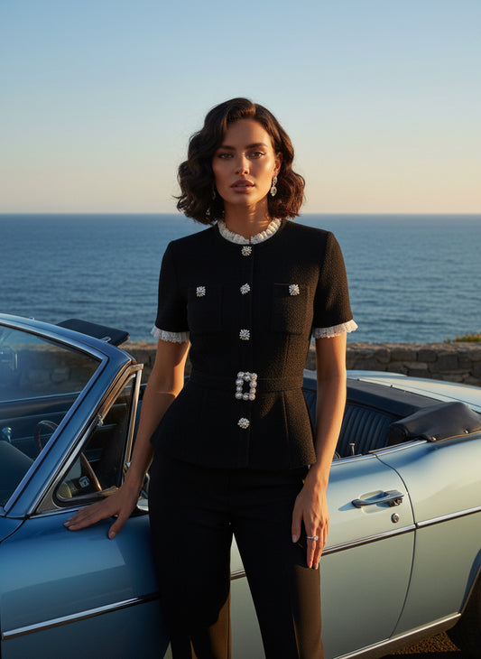 Vintage French Lace Patchwork O-Neck Short Sleeve Knit Cardigan with Belt