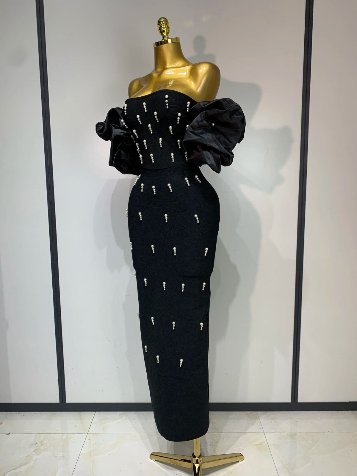 Off-Shoulder Pearl Embellished Bandage Midi Dress