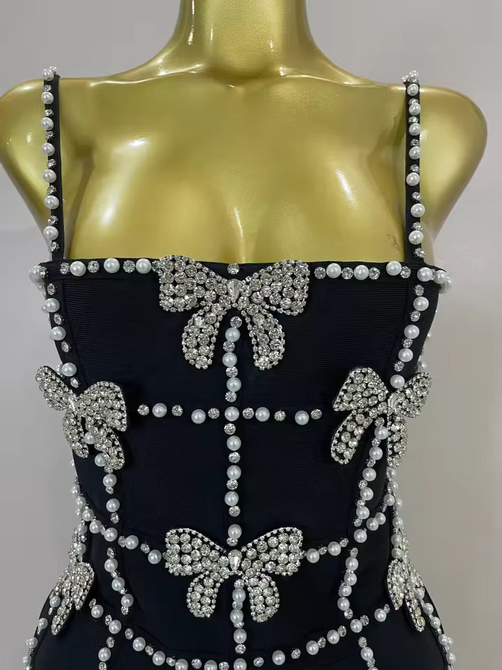 Black Pearl & Crystal Bow Mini Dress