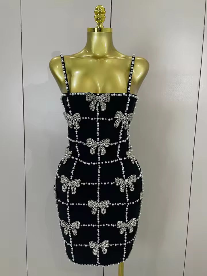 Black Pearl & Crystal Bow Mini Dress