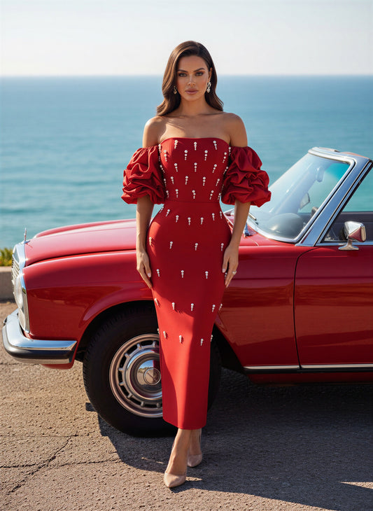 Off-Shoulder Bandage Midi Dress