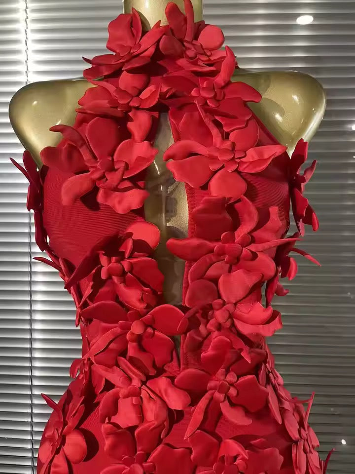 Red Floral Appliqué Midi Dress