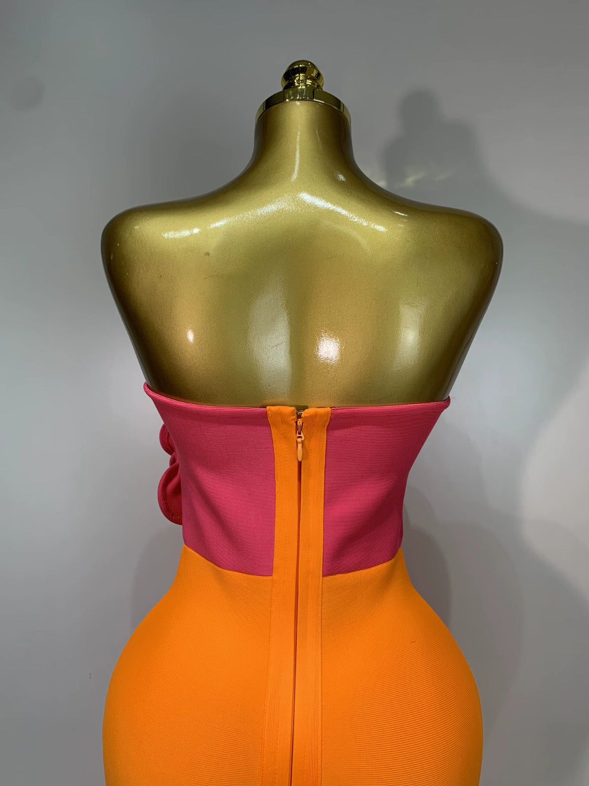Orange & Pink 3D Rose Bandage Midi Dress
