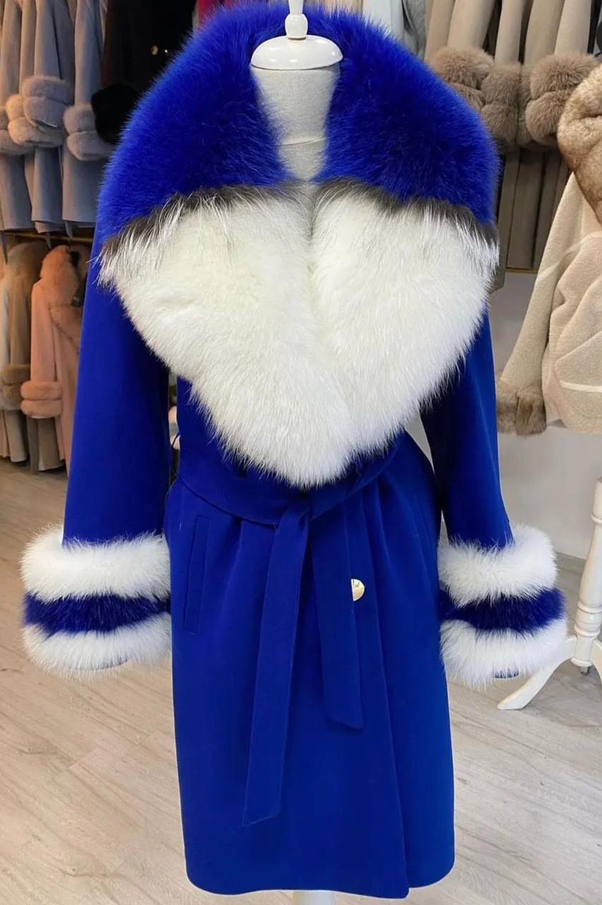 FOX FUR CASHMERE COAT IN ROYAL BLUE