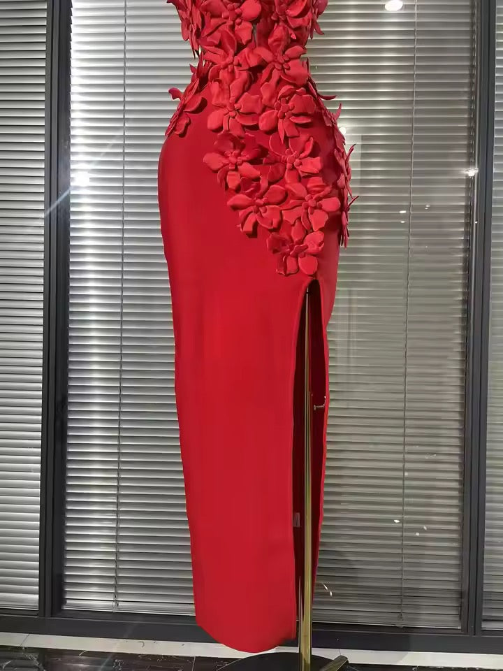 Red Floral Appliqué Midi Dress