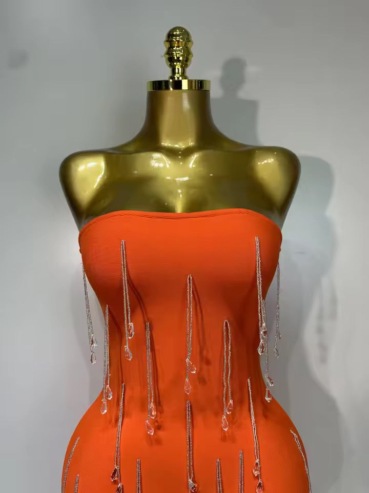 Orange Crystal Fringe Bandage Midi Dress