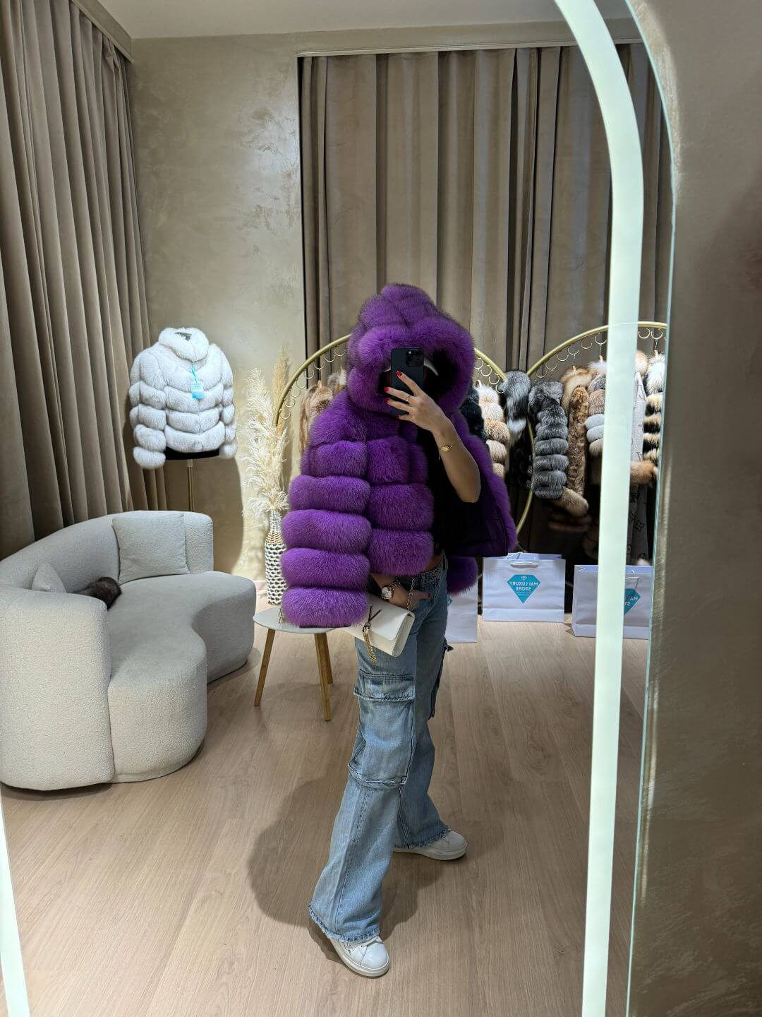 RANIA FOX FUR GENIUNE LEATHER JACKET IN PURPLE