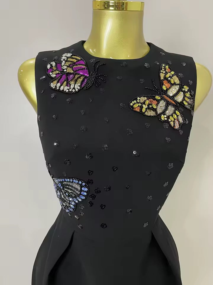 Embellished Black Mini Dress with Butterfly Appliqué