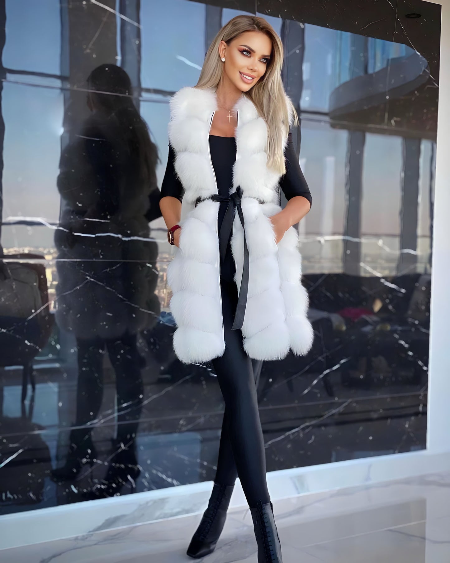 FOX FUR GENUINE LEATHER VEST IN WHITE