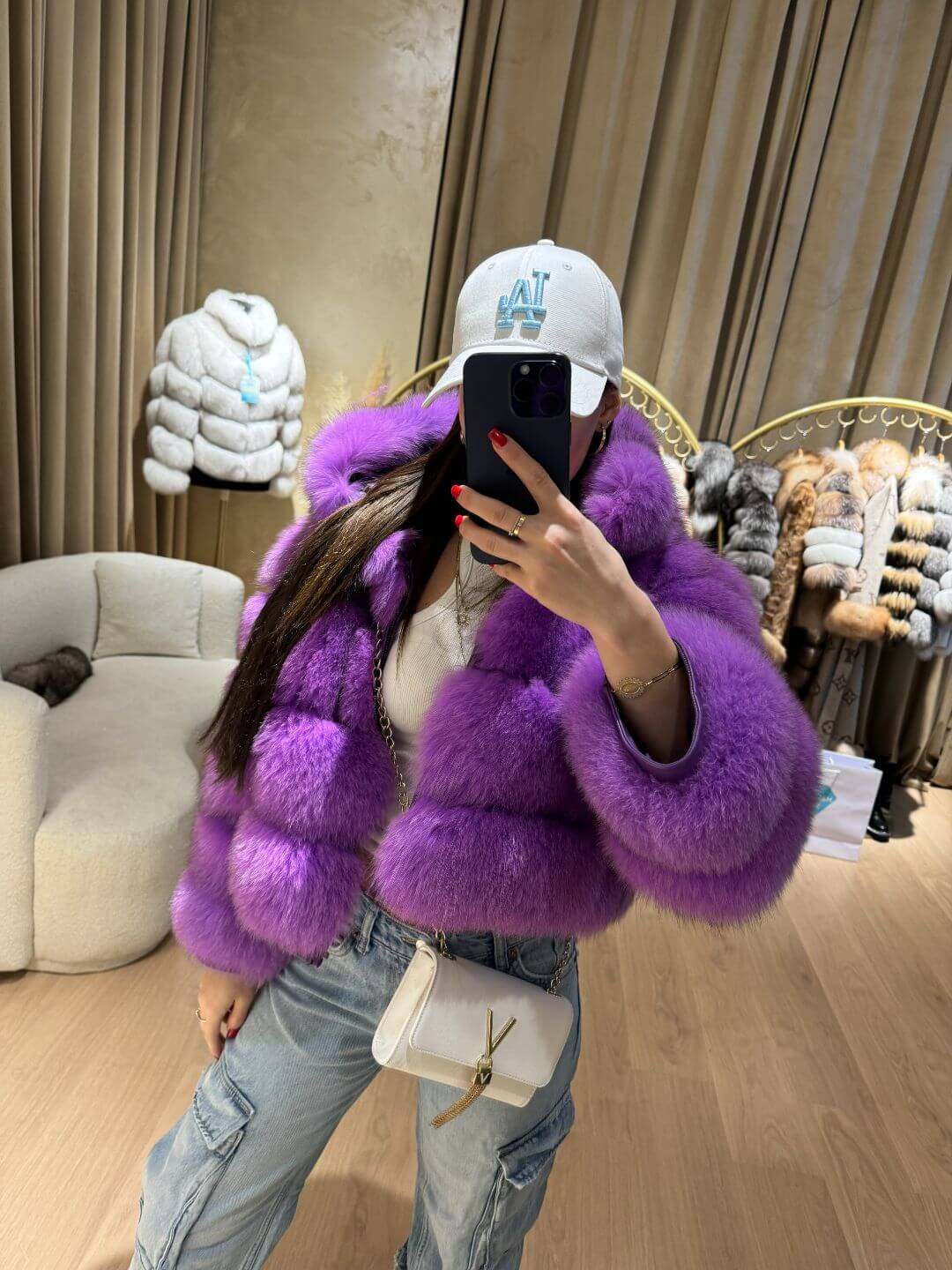 RANIA FOX FUR GENIUNE LEATHER JACKET IN PURPLE