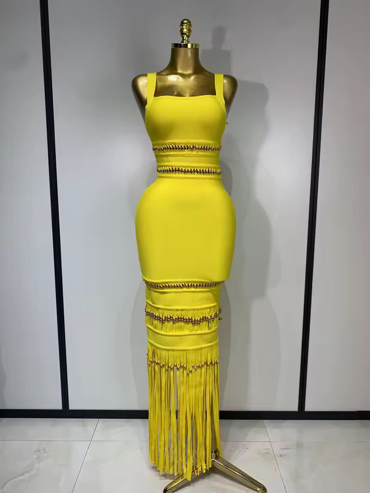 Yellow Fringe Bandage Maxi Dress