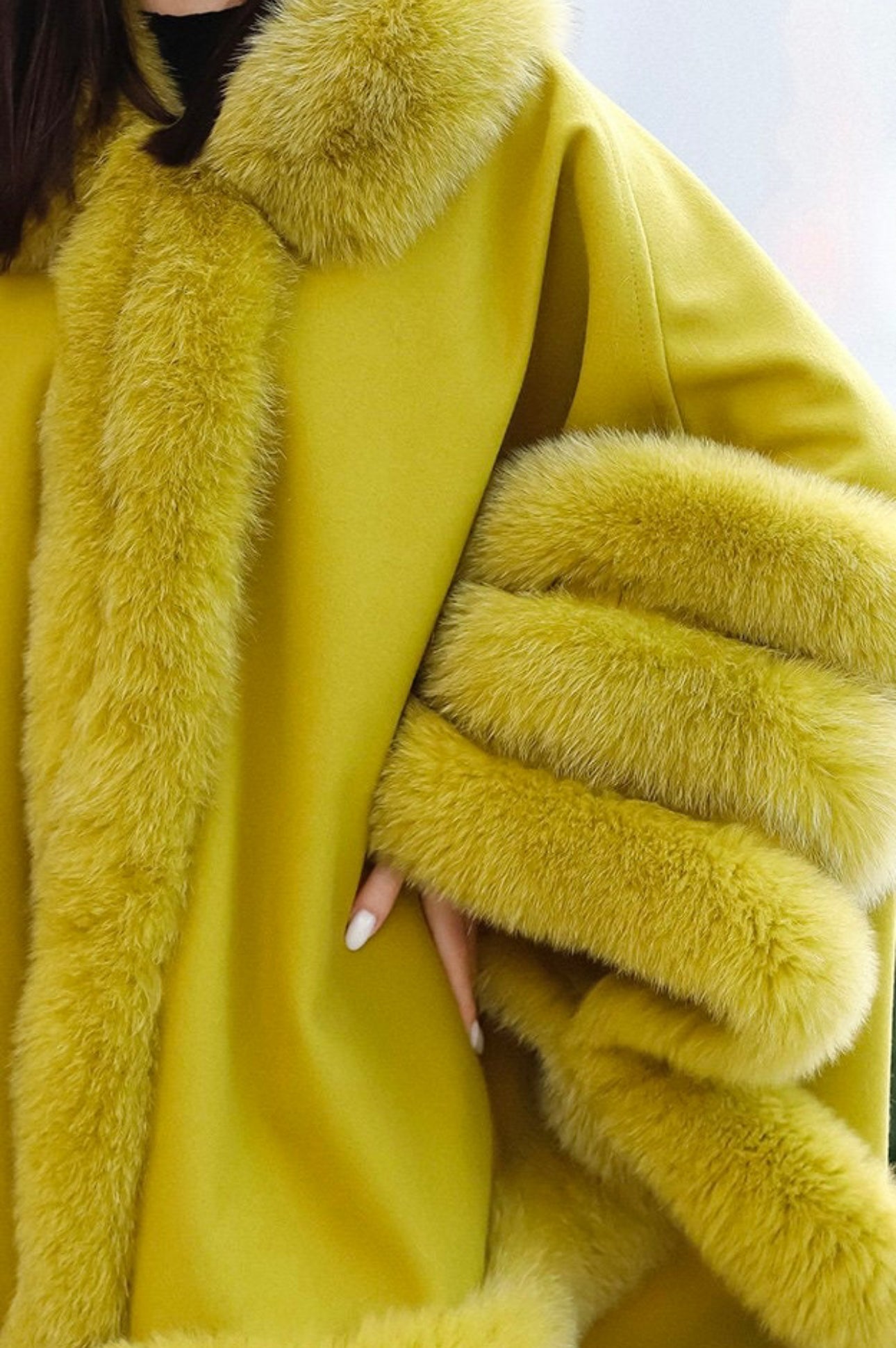 FOX FUR CASHMERE PONCHO IN MUSTARD