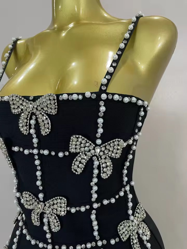 Black Pearl & Crystal Bow Mini Dress