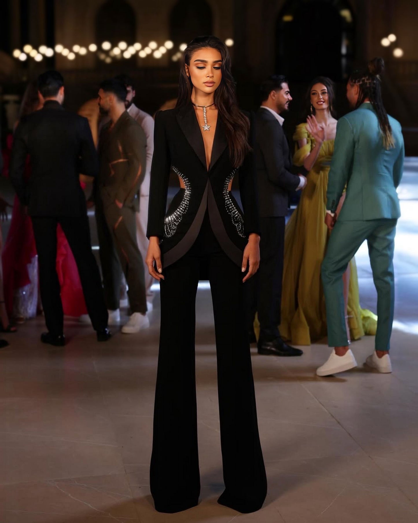 Beaded Diamond Hollow Out Single Button Jacket Pants Set