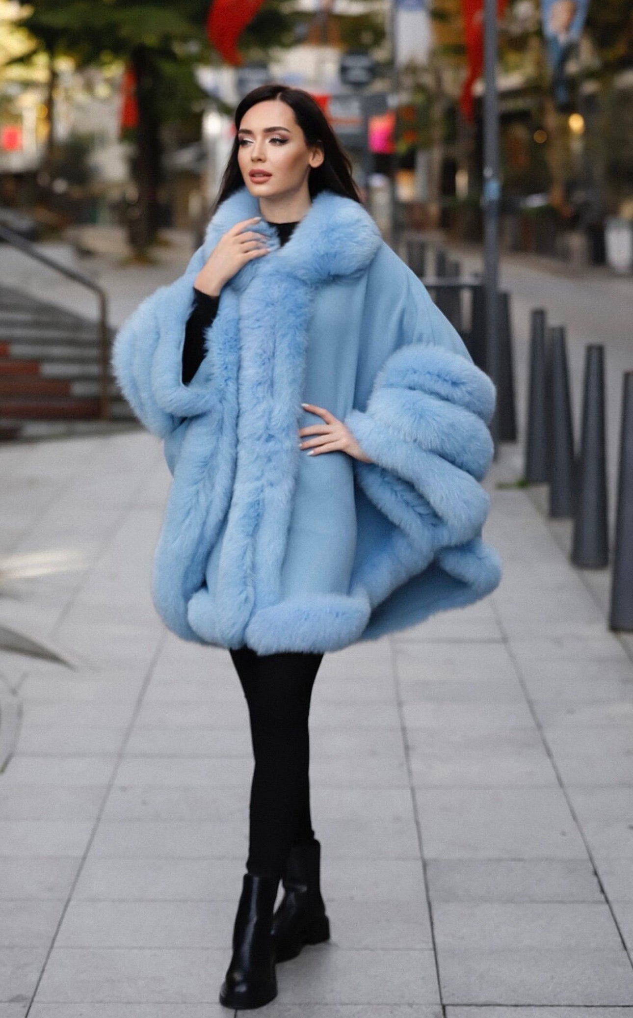 FOX FUR CASHMERE PONCHO IN SKY BLUE