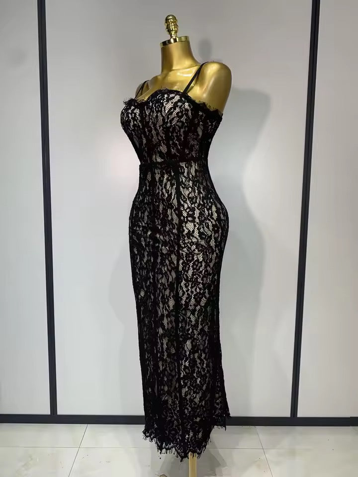 Midnight Lace Bandage Midi Dress