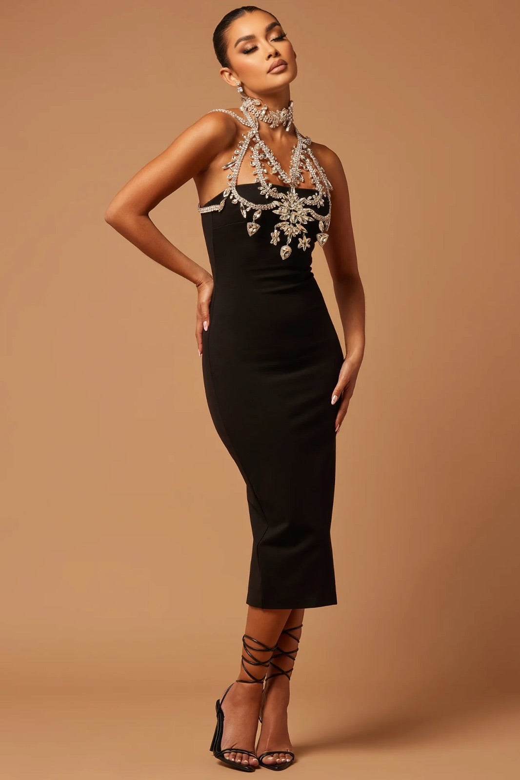 Jeweled Midi Evening Dress