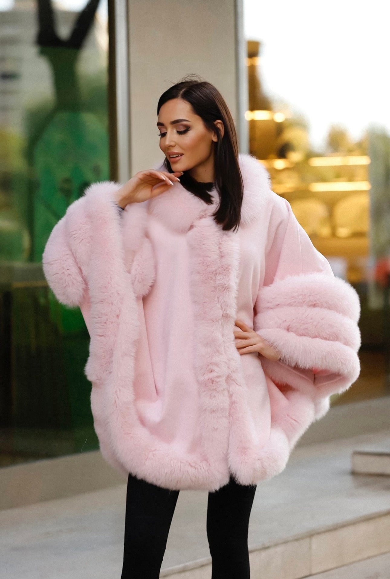 FOX FUR CASHMERE PONCHO IN PINK